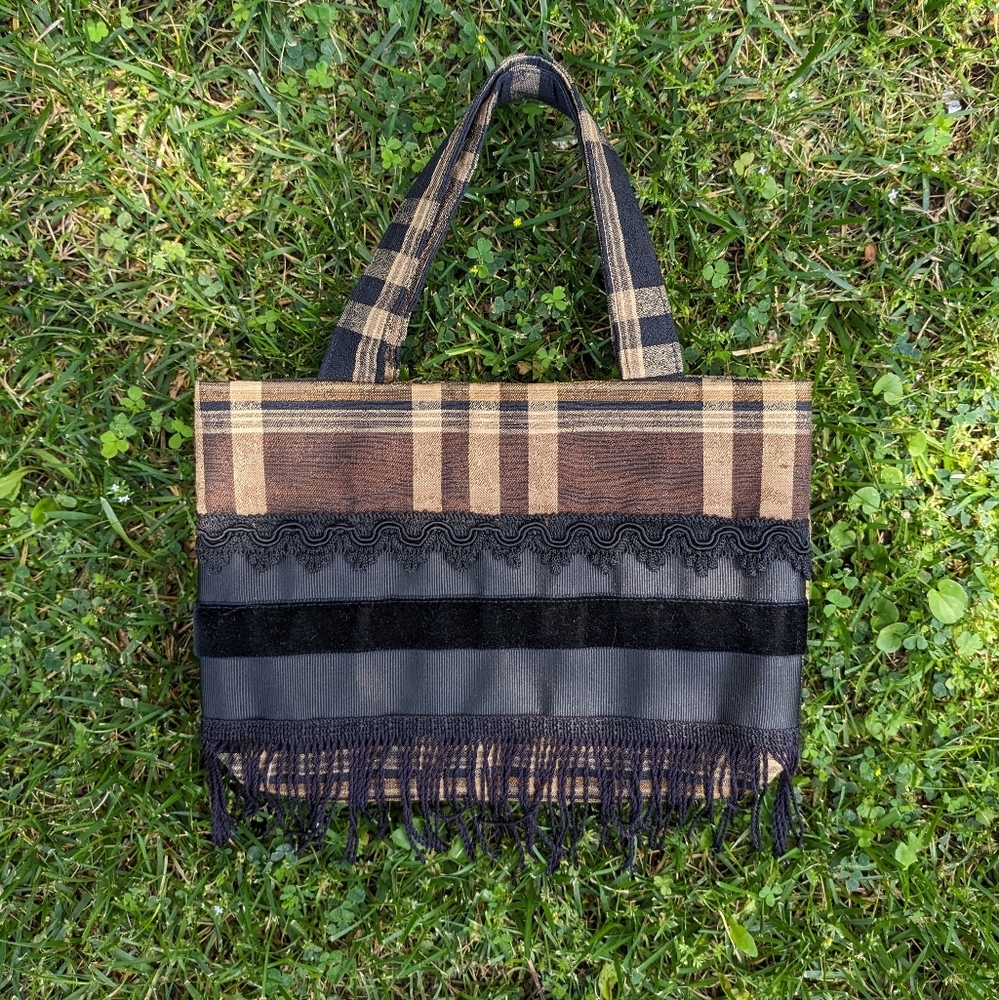 90s VTG Brown Plaid Fringe Mini Bag - Picture 1 of 11